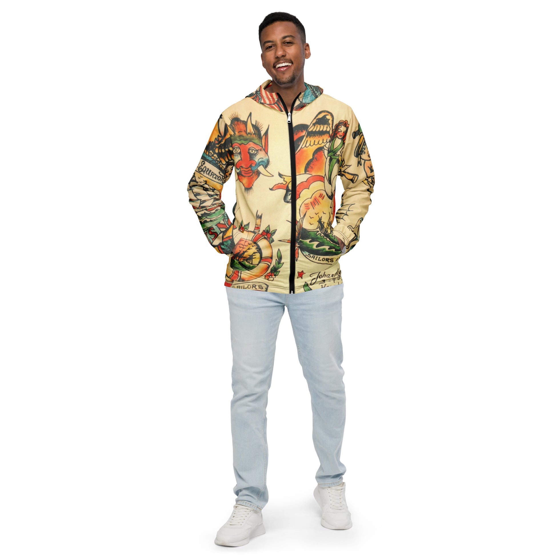 Men’s windbreaker with unique tattoo art design by Tattoo Ole man wearing closed