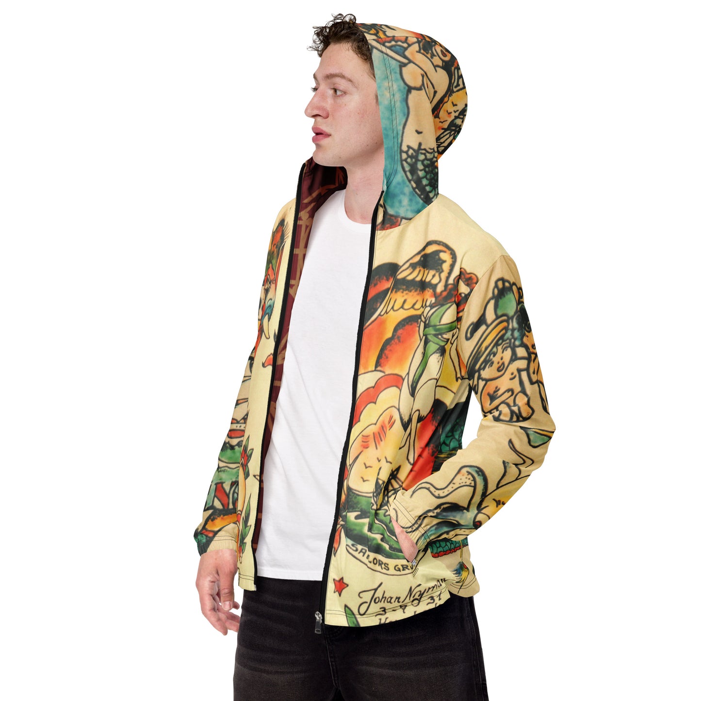 Men’s windbreaker with unique tattoo art design by Tattoo Ole model wearing side