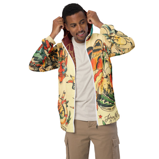 Men’s windbreaker with unique tattoo art design by Tattoo Ole man wearing front