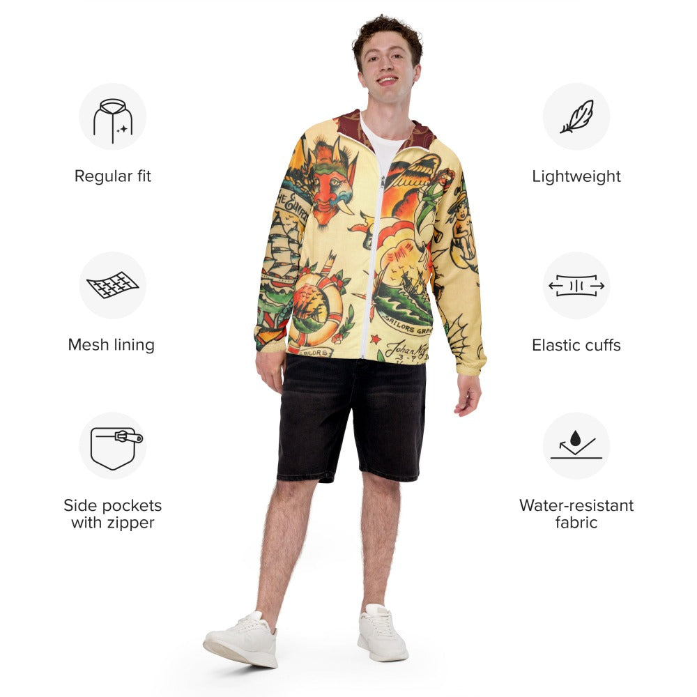 Men’s windbreaker with unique tattoo art design by Tattoo Ole model wearing front