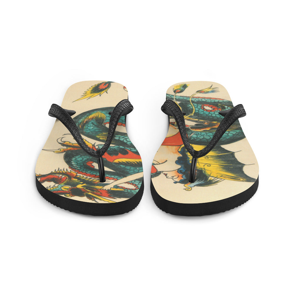 Tattoo Ole flip flops with dragon art design front
