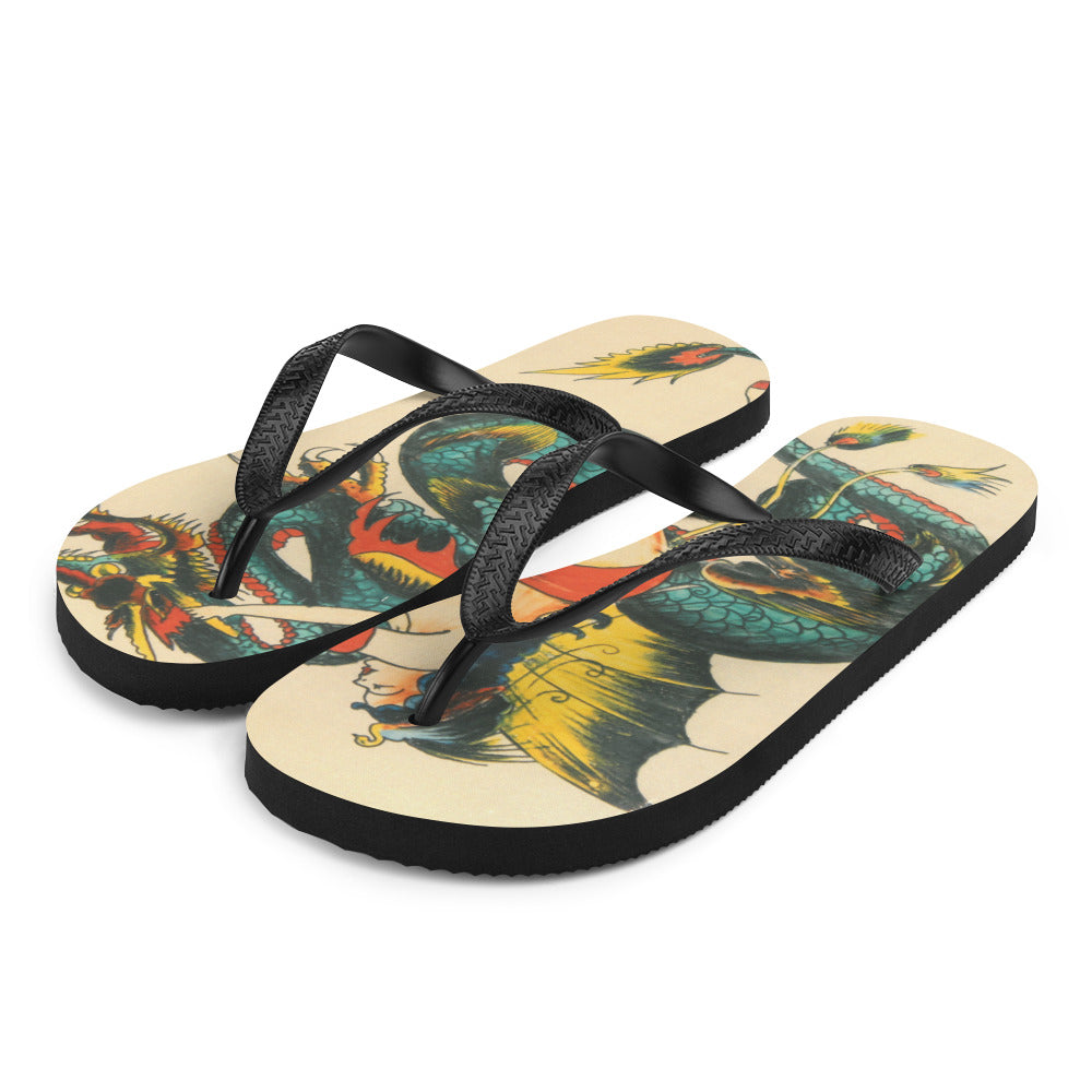 Tattoo Ole flip flops with dragon art design left side