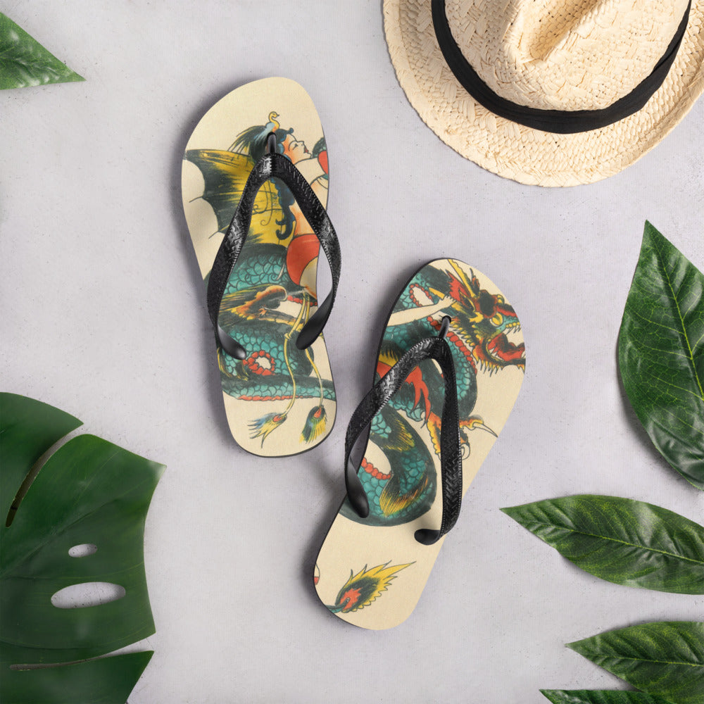 Tattoo Ole flip flops with dragon art design top back