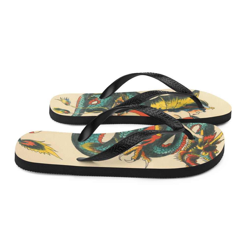 Tattoo Ole flip flops with dragon art design right