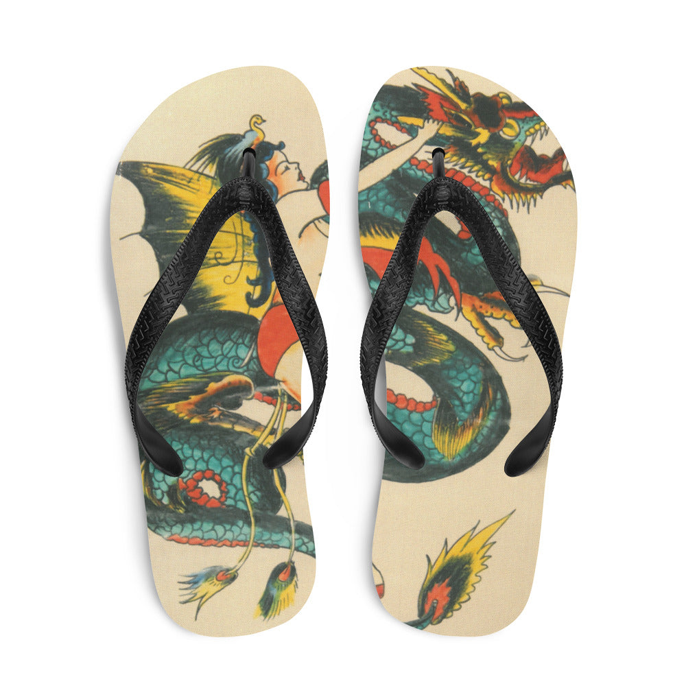 Tattoo Ole flip flops with dragon art design top
