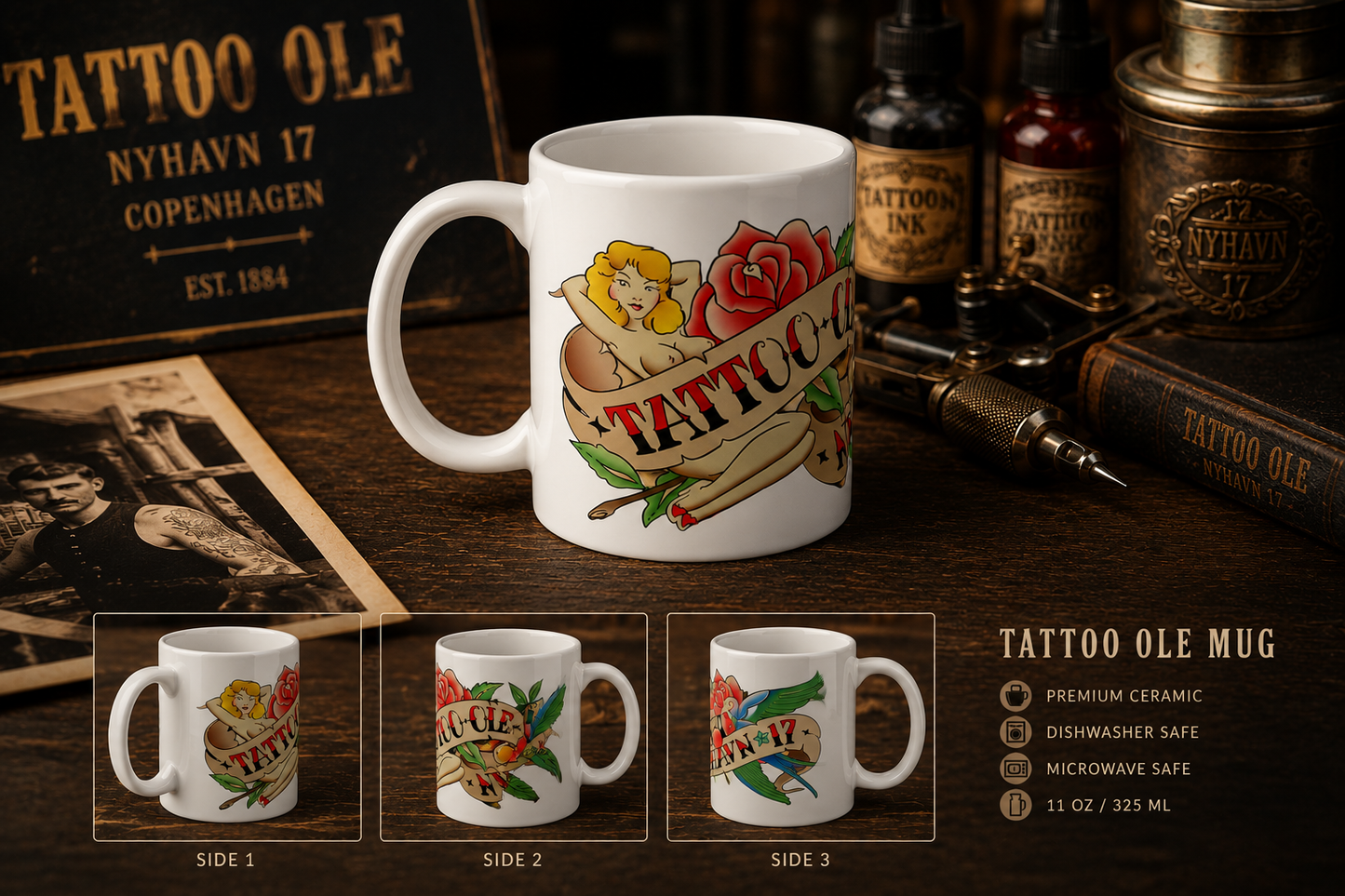 Tattoo Ole Heritage Mug – White, 11 oz