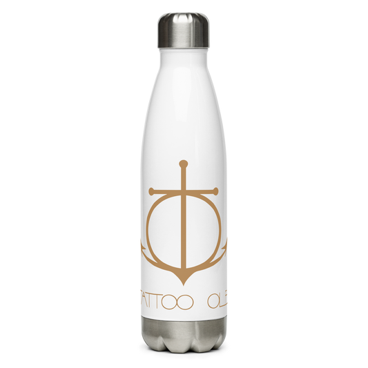 Tattoo Ole stainless steel water bottle in white with gold anchor logo – front view