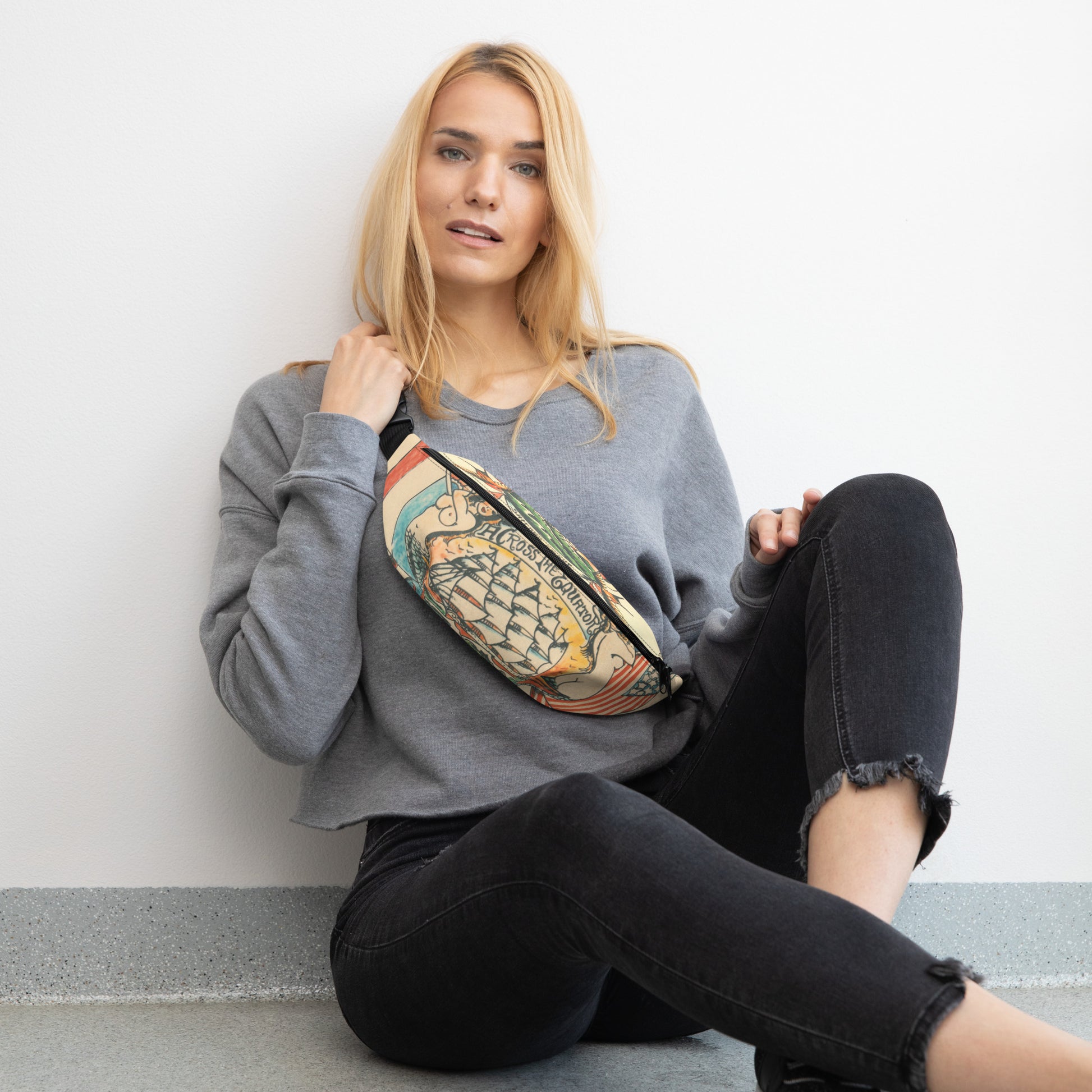 Fanny pack with unique ship design for safe keeping blonde girl wearing