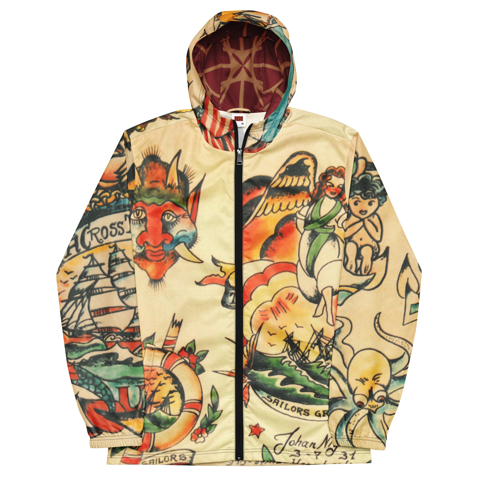 Men’s windbreaker with unique tattoo art design by Tattoo Ole front