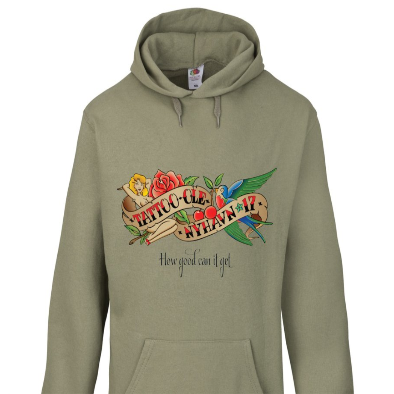 Green hoodie with Tattoo Ole & Nyhavn 17 design