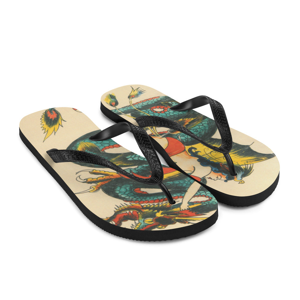 Tattoo Ole flip flops with dragon art design right side