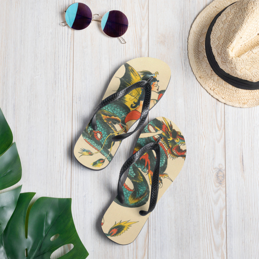 Tattoo Ole flip flops with dragon art design top with background